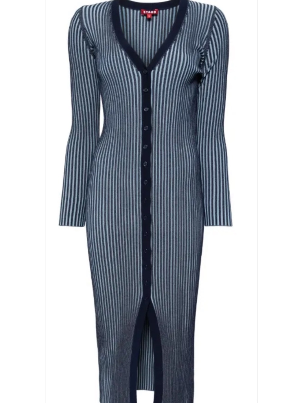 STAUD Navy and White Ribbed Button-Front Long Sleeve Dress NWT